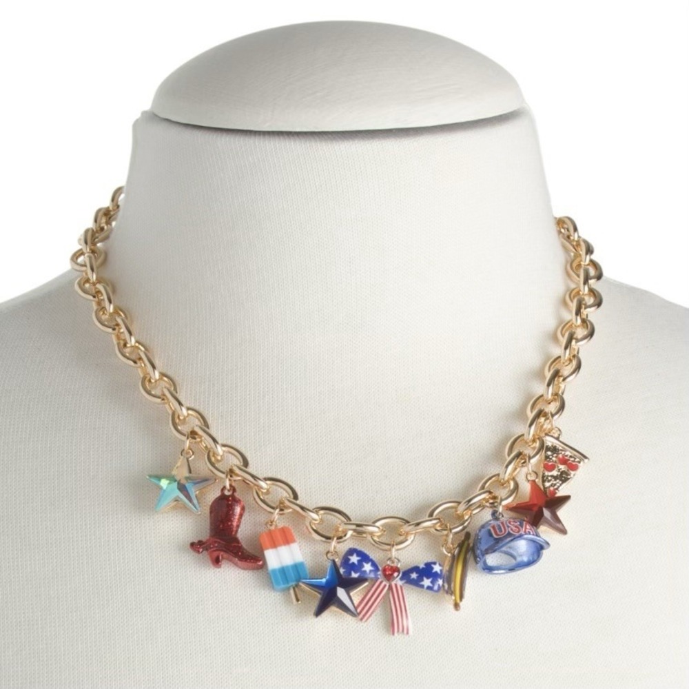 Betsey Johnson Patriotic Set Matching Charm Necklace & Bracelet Americana USA - Picture 5 of 6